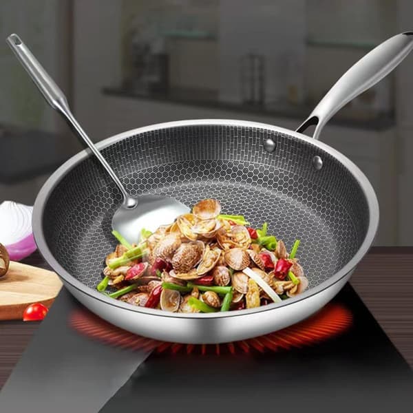 Universal flat stekepanne i rustfritt stål med bikakemønster, non-stick, 25 cm, slitesterk