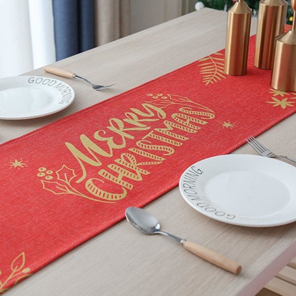 Julepynt bordløper med "Merry Christmas" 180 x 30 cm rød og gull