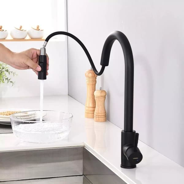 Kitchen Faucet with Pull-Out Spray, Matte Black, 360° Rotating Stainless Steel Mixer, Sink, 2 Functions