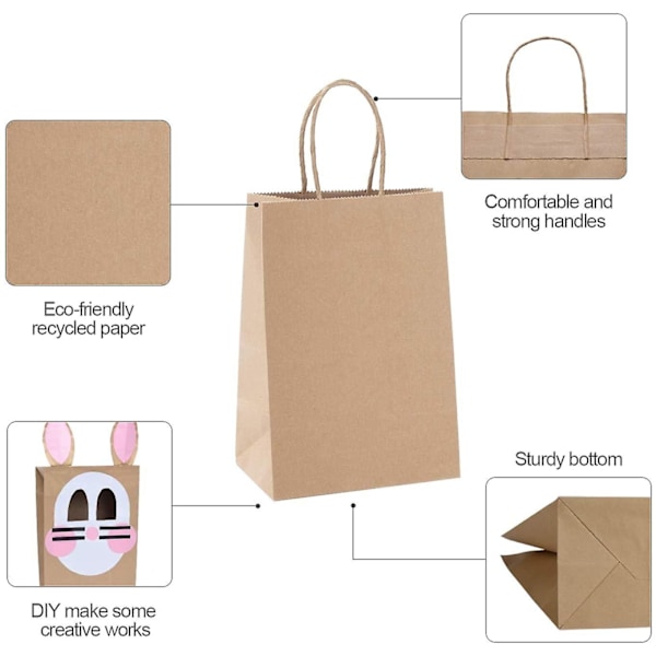 50 stk. Partyposer Kraft Gavepose 13,3 X 9,5 X 20,3 cm Brun handlepose med vridde håndtak for Partyfavoritter (Gul)
