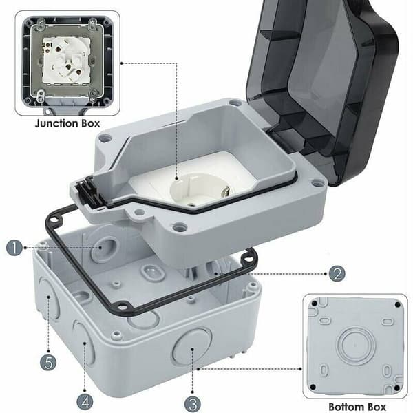 Waterproof IP66 Socket with Switch and Waterproof Junction Box, Dustproof Outdoor Wall Socket