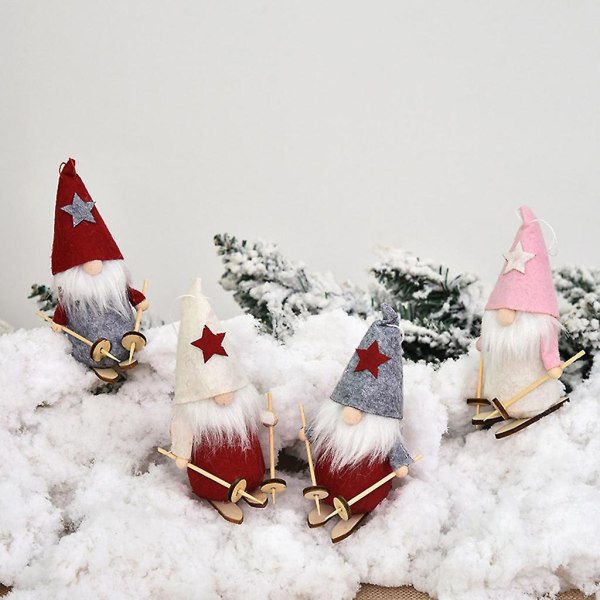 Sett med 4 Ski Svensk Nisse Gnome Doll Ornaments Hengende Juletre Feriefest Hjem DecorMulti