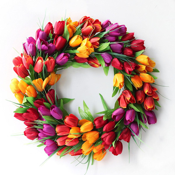 20 tum 3-färgad blomsterkrans Tulpan Krans Blomsterkransar för Ytterdörr, Sidenkrans med Gröna Blad för Fönstervägg Bröllop