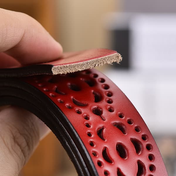 Women's Hollowed Flower Leather Belt for Jeans Pants Soft Leather Belt with Solid Buckle Red