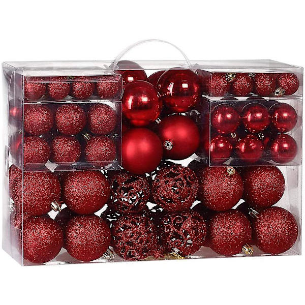 Paket med 100 julgranskulor, julgransdekorationer, julgranskulor, 100 metallkrokar, hängen, obrytbar röd