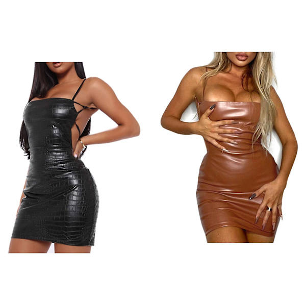 Sexy Spaghetti Strap Kjole i Kunstlæder, Kort Kjole, Sort S