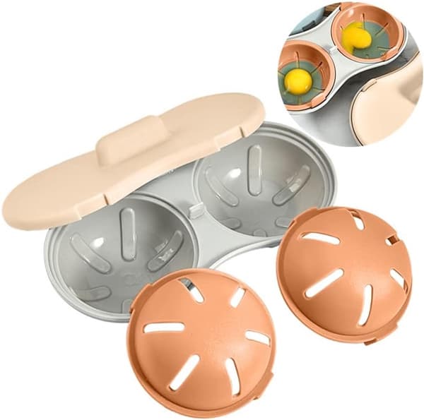 Microwave Egg Cooker - 22*11*8 cm - 2 Cavities, Poached Egg Maker, Poaching Cups - Egg Poacher, Kitchen Utensils - Orange