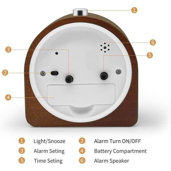 Battery-powered alarm clock with snooze function, luminous travel alarm clock, silent analog alarm clock - dark wood
