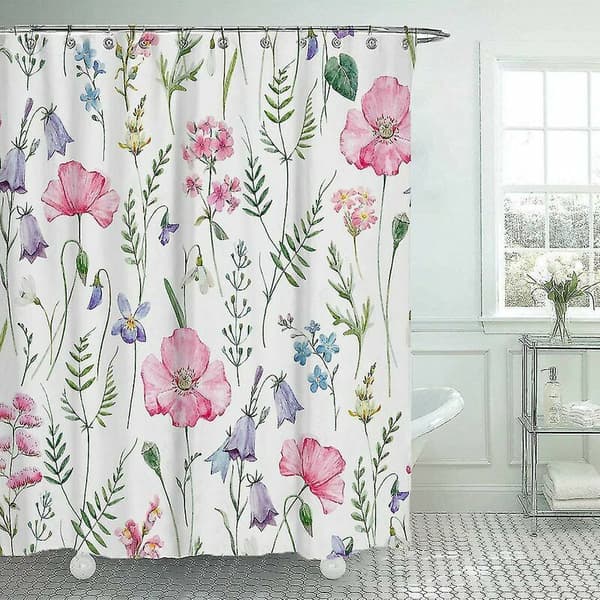 Duschdraperi Akvarell Blommor Växter Duschdraperi Set Tryckt Vattentätt Polyester Duschdraperi (Rosa)