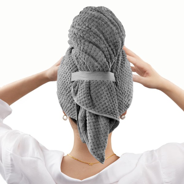 Stor Mikrofiber Hårhåndkle Wrap for Kvinner, Anti-Frizz Tørkehåndkle med Elastisk Stropp, Raskt Tørkende Turbaner for Vått, Langt, Supermyk Wrap Mørk Grå