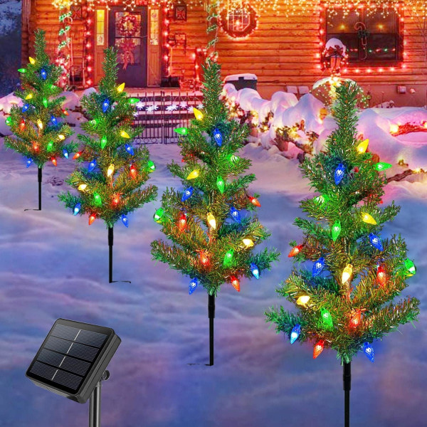 4 Sett Solcelled Julelys Multifarget 6 LED Julelys for Utendørs Juledekorasjoner, Solcelledrevet Lite Juletre