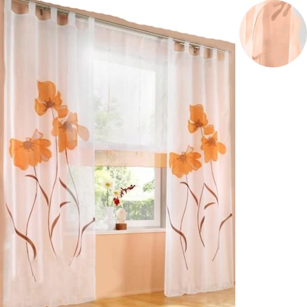 2 stk. Gardinscarf Gardin Trykte Blomster Gardin Til Stue Soveværelse Loop Scarf, Bredde 150cm / Højde 225cm, Orange