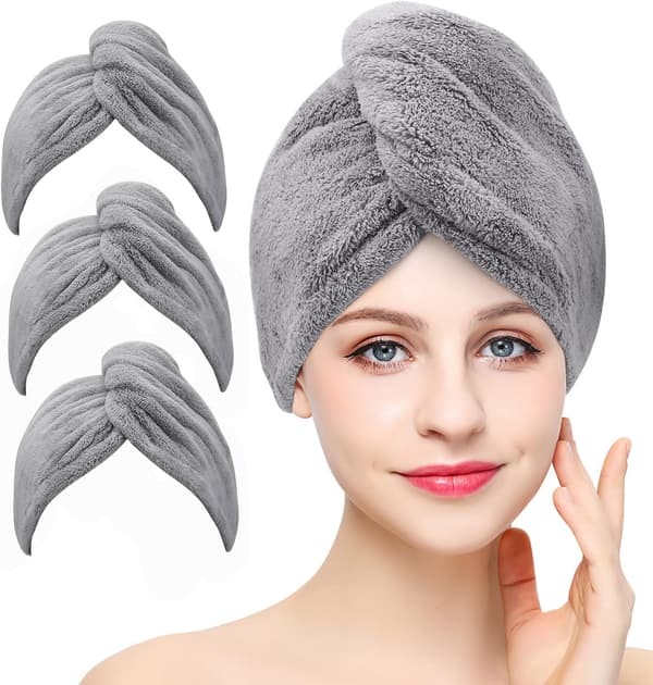 3-pack (grå) mikrofiberhårhandduk, superabsorberande