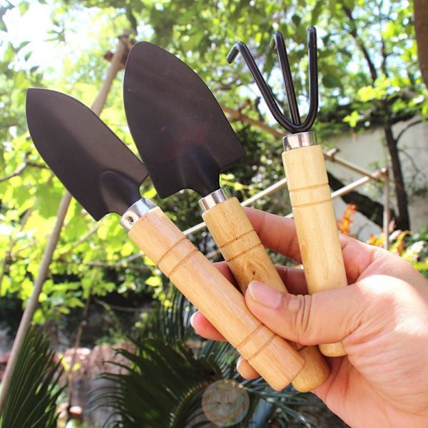 3 stk. Holdbare Spade, Skovl og Rake for Plantepotter, Blomster, Frøplanter, Løst Jord, Bonsai, Trehåndtak, Perfekt Størrelse for Små Hender