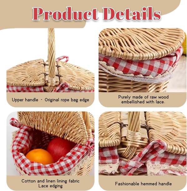 Wicker Picnic Basket with Lid, Handle and Lining - Portable for Fruit, Candy, Weddings, Outdoors - Brown