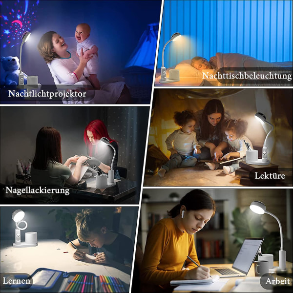 Bordlampe for barn, bordlampe med penneholder, automatisk fargeskiftende nattbordslampe, justerbar oppladbar LED-leselampe for barn
