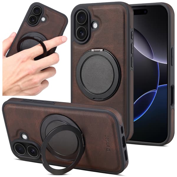 Leather Basic Case for iPhone 16 ProMax, Leather Case with Rotating Magnetic Hidden Foldable Stand, Compatible with Wireless Charging