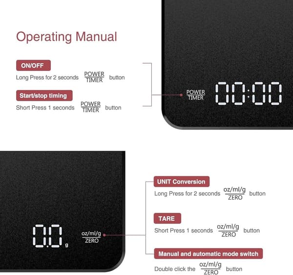 Digital Coffee Scale with Timer, 0.1g High Precision 3kg Capacity, USB C Rechargeable LED Touch Display for Espresso Pour Over, Black 15x13cm