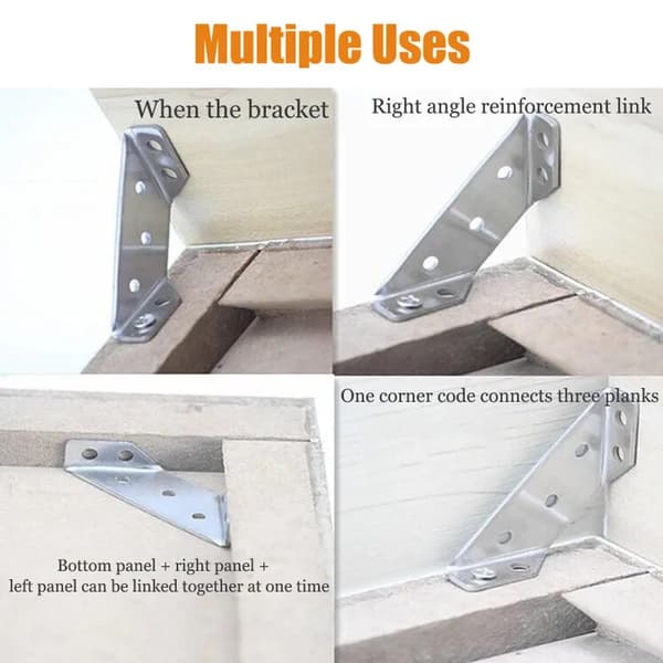 Universal furniture angle connectors, stainless steel, triangular support for shelf, cabinet, table, chair, 10-pack with screws