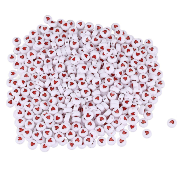 500 stk Hvit rødt kjærlighetshjerte akryl flate runde perler 7mm(2/8") Dia.