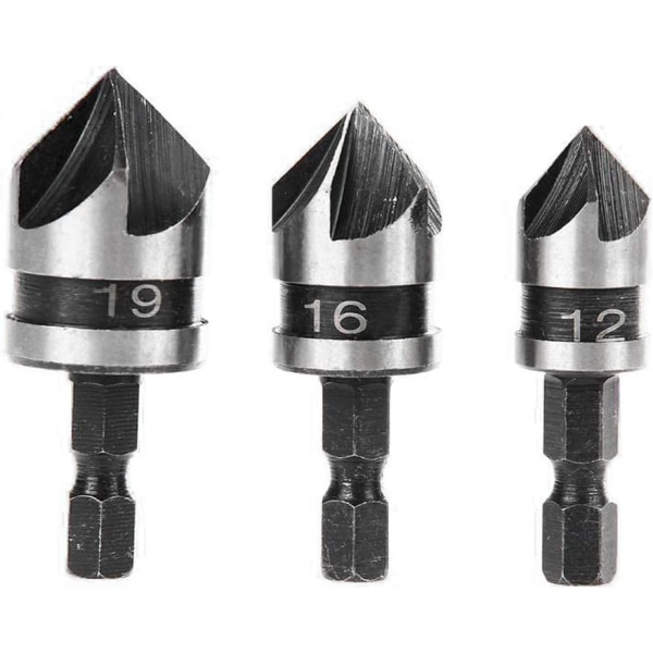 3pcs 90 Degree 5 Flute Chamfer Cutters Set for Wood, Metal Quick Change 1/4" Hex Chamfer Drill Bit Carbon Steel Cutting Tool