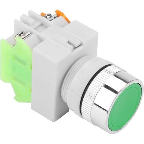 Momentary Push Button Switch with Green Flat Button, Self-Resetting, 22mm Mounting, LAY37-11BN