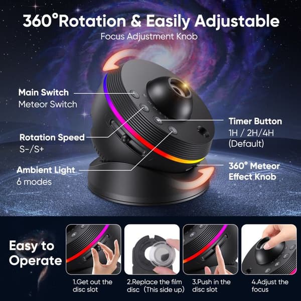 Starry Sky Projector, 13-in-1 Planetarium Projector, 360° Rotating 4K HD Galaxy Projector with Timer, Dynamic Meteor