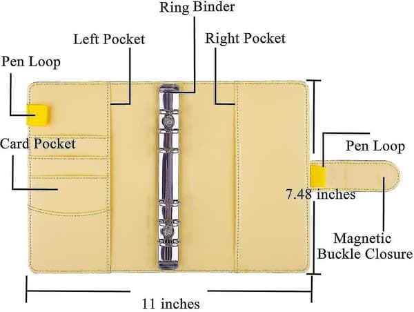 12 stk. A6-ringbindslommer, løse bladposer, 6-rings ringbind, kontantbudgetkonvolutsystem, A6 PU-læderringbindsæt - 26 (Gul)