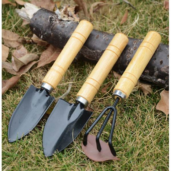3 stk. Holdbare Spade, Skovl og Rake for Plantepotter, Blomster, Frøplanter, Løst Jord, Bonsai, Trehåndtak, Perfekt Størrelse for Små Hender