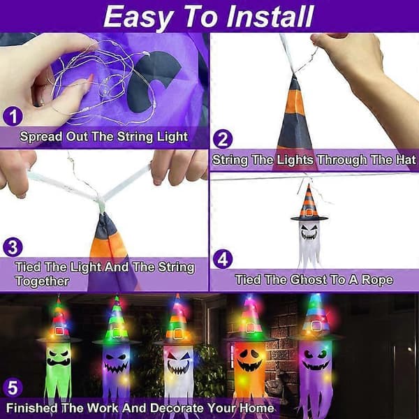 5 st Halloween Ghost Hängande Dekorationer med LED-slingor