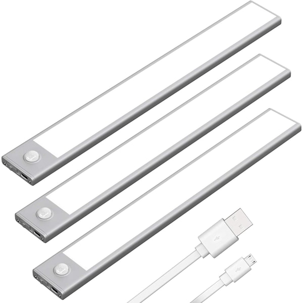 Underskåpsljus Rörelsesensor USB-C Uppladdningsbar LED-garderobsbelysning Batteridriven trådlös magnetisk ljusremsa för kök (vit, 3-pack)