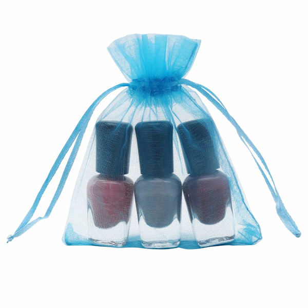 Pakke med 100 stk. Smykkepose med snøre, Turkis Blå, 7*9cm Lille Mesh Slikpose Mini Sachet til Små Julegaver