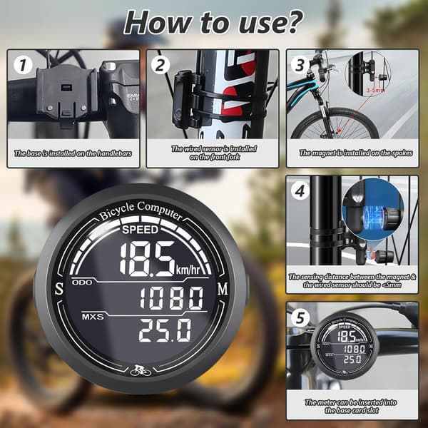 Wireless Bicycle Computer 2.2 Inch LCD Screen Auto Backlight 12 Functions IP67 Waterproof Speedometer Odometer Universal Bike Accessories Gray