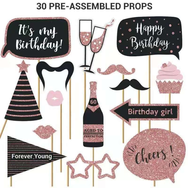 Fullt monterad rekvisita för fotobås för 30-årsdagen - Set med 30 - Selfieskyltar i rosa och guld - Tillbehör och dekorationer för 30:e fest - Söta 30-årsdesigner med