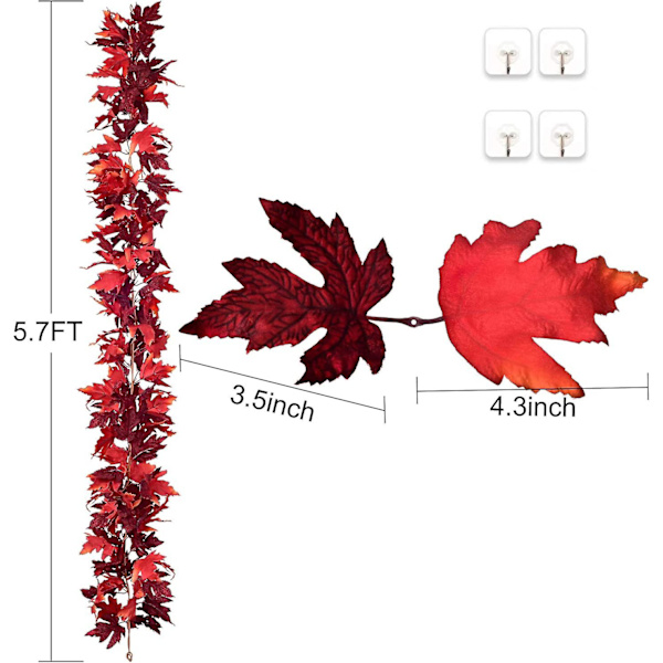 Mörkröda Lönnlöv Girlander, 2-pack, Konstgjorda, 5,9 fot/stycke, Höst Hängande Löv Rankor för Inomhus Utomhus Bröllop Thanksgiving Middag