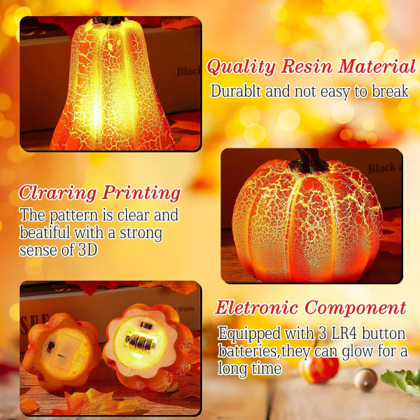 Halloween Light Up Pumpkin 3D Fall Resin Pumpkin porrastettuihin tarjottimen koristeisiin Paristokäyttöinen LED-valaistu minikurpitsa L
