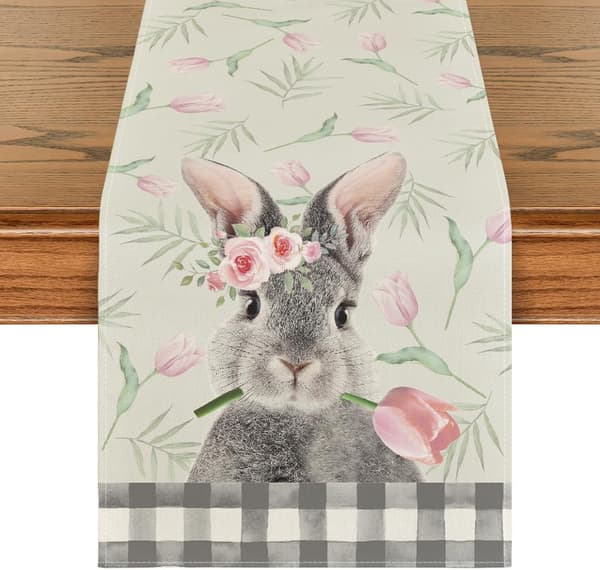 Easter Table Runner with Rabbit and Tulips, Seasonal Spring Tablecloth for Kitchen Table, Perfect for Home Decoration