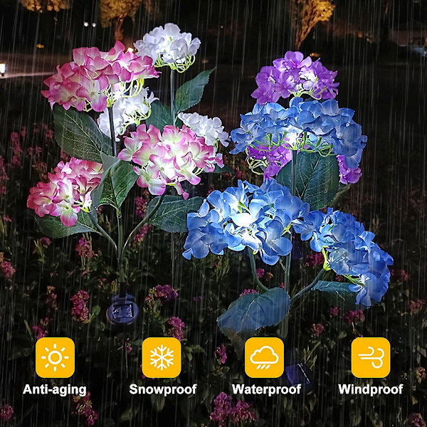 Utendørs solcellelamper, fargede lys, hortensia-lys for hagedekorasjon, hagedekorasjon, hvit