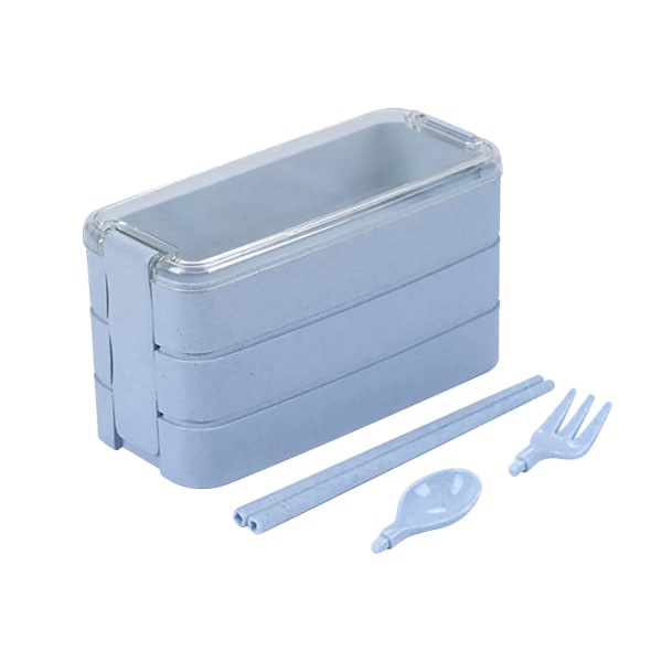 Stackbar Bentolåda, Lunchlåda-set med Sked & Gaffel, 3-i-1 Fack, Vetehalm Matlåda Light blue
