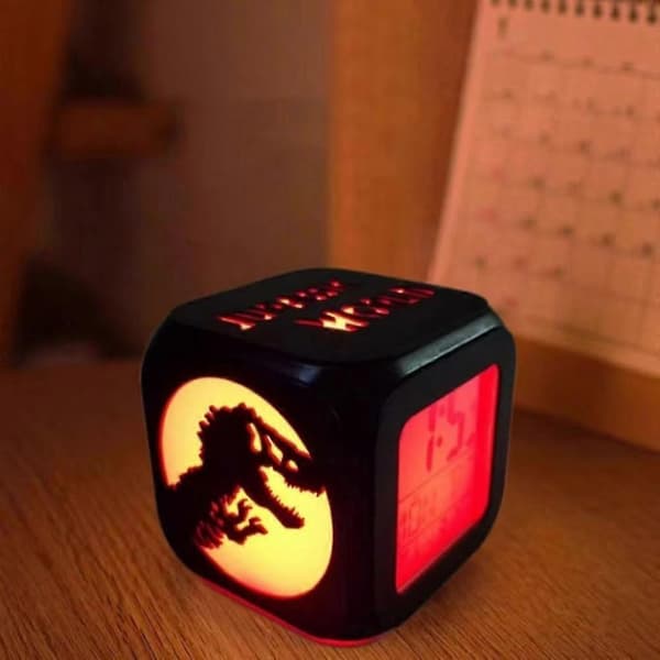 Jurassic Park Dinosaur 3D Stereo Small Alarm Clock Creative LED Night Light Electronic Clock Bedside Clock Bedroom Ambient Light - with USB Power Cable