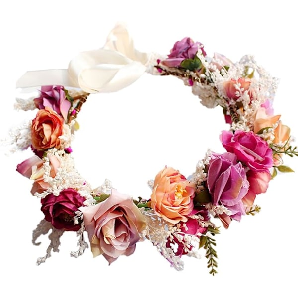 Bröllopskrona Brudtärna Krona Rosa Blomma Huvudbonad med Band Fotorekvisita