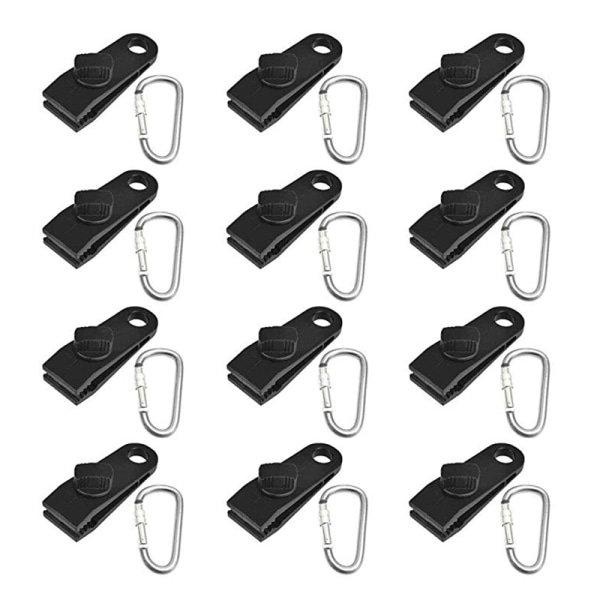 24 Pieces Clips Set, 12 Heavy Duty  Cords and 12 Carabiner Clips for Camping Tents Cover, Black