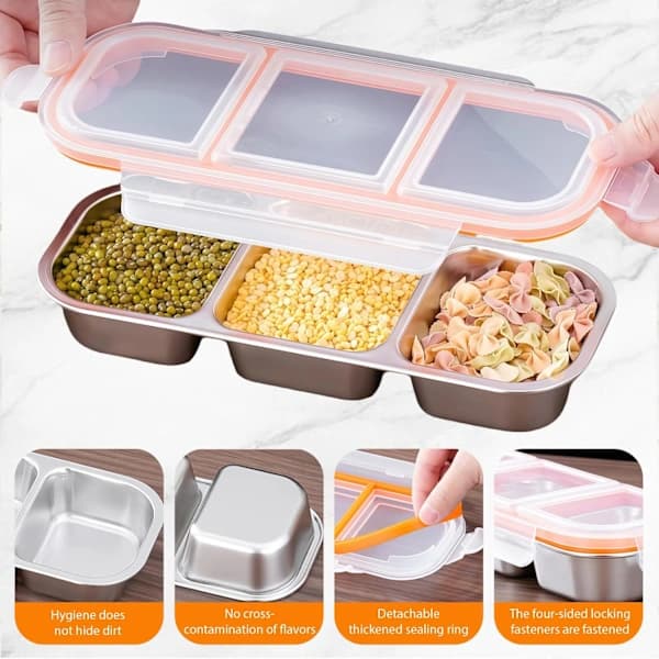 Stainless Steel Lunch Box with 3 Compartments, Leak-Proof, Reusable Food Container for School, Work, or Picnic, 600 ml
