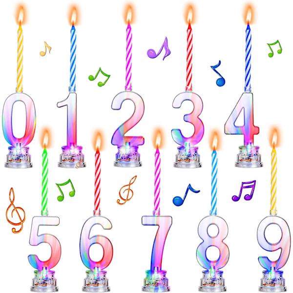 10 kappaletta Musiikillinen Syntymäpäiväkynttilä LED Syntymäpäivänumerokynttiläsetti Monivärinen Välkkyvä Kakunkynttilä Musiikkiäänellä ja 20 kappaletta Vahakynttilöitä Syntymäpäivään
