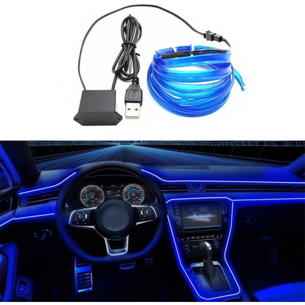 Indvendige bil LED-strip-lys, USB-neonglødende strobende elektroluminescerende ledningslys med 6 mm sykant, omgivende belysning til bildekorationer (5M/