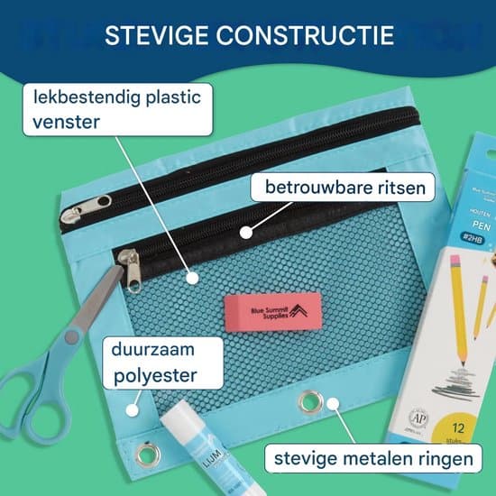 Robust 3-ringars pennfodral – Dubbla blixtlåsfickor, transparent och nät, slitstark nylon, 24x16cm – Aqua Blå – 1 styck