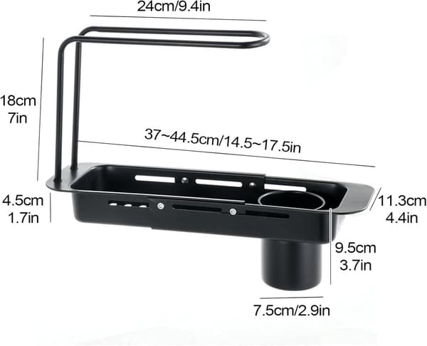 ExHAndable opvaskestativ i rustfrit stål over vasken med bestikholder, svampeopbevaring og afløbsbakke, sort, 31,5-44,5 cm