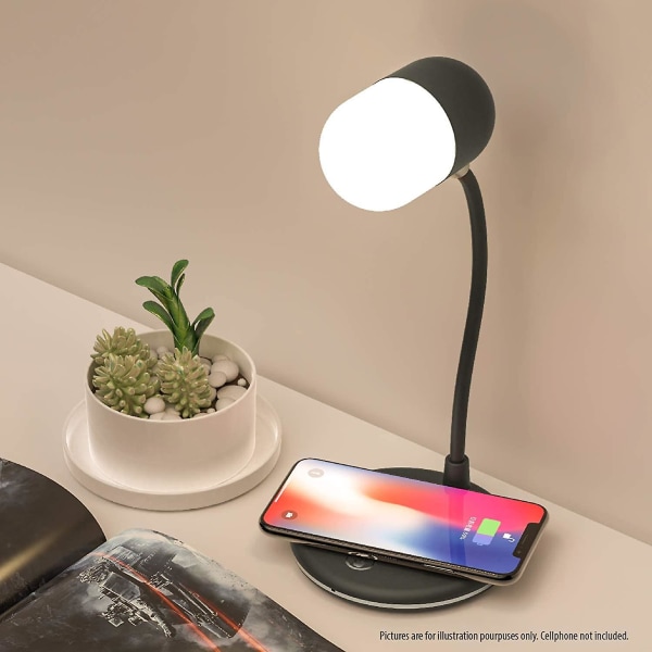 Led bordlampe med Qi trådløs smartlader, hjemmekontor Nattbord nattlampe. Bluetooth-tilkoblet høyttaler, 3 lysfargeskiftende moduser A