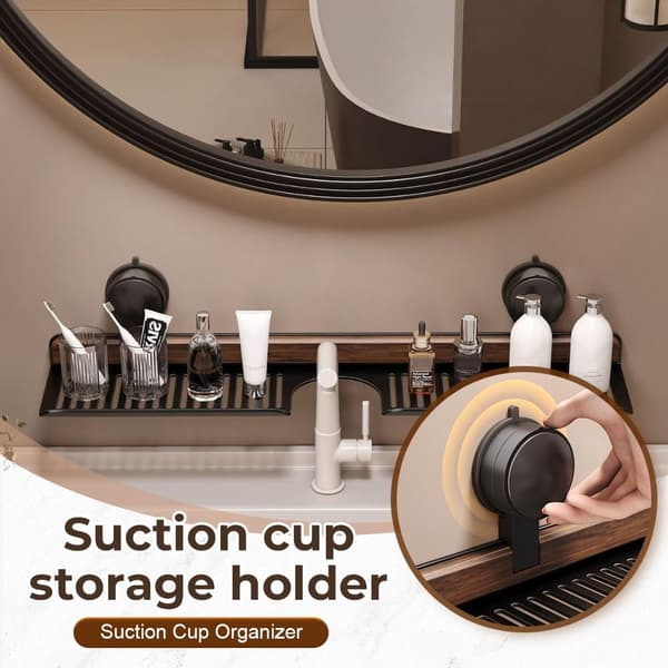 Walnut Shelf with Suction Cup for Bathroom Kitchen 2025 - 40cm Drill-Free Sink Organizer with Removable Design (Black)