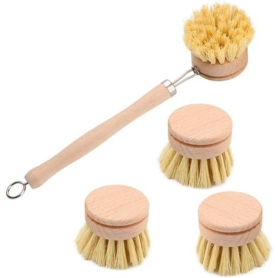 Kitchen Dish Brush, Long Handle Dish Brush, Wooden Cleaning Brushes with 3 Replaceable Heads - 1 Set